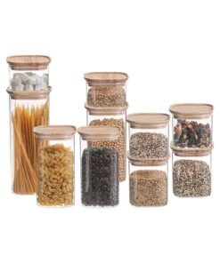 Noon East Set of 10 Square Glass Storage Jars with Bamboo Lid, Canisters Sets for the kitchen, Food Containers Stackable for Coffee Beans| Nuts| Pasta