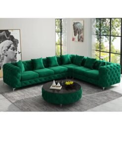 Maharat Al Bahar Maharat Furniture Golden-Legged L-Shaped Chesterfield Sofa Set – Luxury Velvet 6-Seater, Green – Traditional Elegance for Living Room