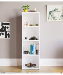 MODERN HOME Modern Slim 4-Tier Bookcase | Tall Narrow Cube Storage Shelf | Vertical Display Unit for Small Spaces | White Finish