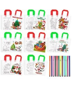 FRUITFUL PARTY Large Christmas Coloring Canvas Bag, 24pcs Merry Christmas Color Your Own Tote Bags Party Favors Christmas Coloring Canvas Tote Bag for Christmas Party + 12pcs Christmas Coloring Pencils for Xmas Party Decorations