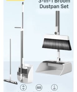 ARNOTEC Broom and Dustpan Set with Squeegee | 180° Rotating Head, Upright Storage, Clip-On Design, Dense Soft Bristles | Ideal for Home and Office Cleaning (White)