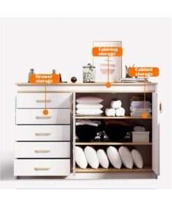 Chest of Drawers, Wooden Storage Cabinet with 5 Dawers and 2 Doors for Household Items and kitchenware, Modern Drawer Storage Cabinet for Living Room Dining Room and Bedroom, DG100 (White) - Image 4