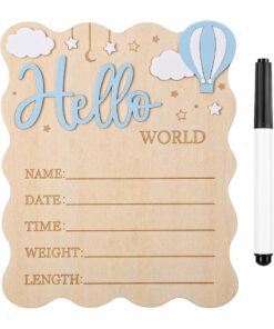 SYOSI Baby Announcement Sign, Hello World Newborn Sign with Pen, Hospital Nursery Birth Stat Kit for Baby Shower, Newborn Photography, Boys and Girls Nursery Decor, Wooden, Blue (17.5x14.5cm, Blue)