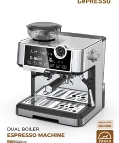 LePRESSO Espresso Coffee Machine Dual Boiler /Coffee Maker with Milk Frother Nozzle / Automatic Shutdown / Adjustable Grinder /Pressure Gauge / Large Tank Capacity /Cup Warmer - Silver