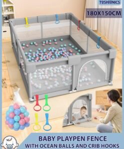 Toshionics Baby Playpen with 50 Pieces Balls and 4 Baby Pull Ring Crib Hooks- 180x150cm Infant Indoor and Outdoor Kids Activity Centre Foldable Safety Fence Portable Play Dens for Kids and Toddlers Easy to Fold Play Yard, Grey