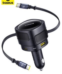 Baseus 90W 4-in-1 Fast Charging Car Charger with Dual Retractable USB-C Cables, 180° Vertical Rotation, PD 3.0 & QC 3.0 Quick Charge Support, Dual USB-C & USB-A Ports for Simultaneous Charging, Compatible with iPhone 16/15/14 Pro Max, Samsung Galaxy S25/S24 Ultra, Google Pixel 9, iPad Pro, Tablets, Nintendo Switch, AirPods, Cameras, and More Gadgets 90W - Black