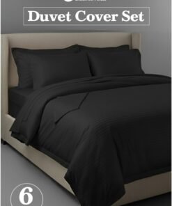 Eworld Premium Striped Duvet Set All Season – 6-Pieces Set Black | King Size 220x240 cm | Ultra-Soft, Wrinkle-Resistant & Made in Dubai | Includes Duvet Cover, Fitted Sheet (200x200 cm) & 4 Pillowcases (50x70 cm)