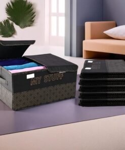 Kuber Industries Pack of 6 Clothes Wardrobe Organizer (Large) 2 Compartments | Cupboard Organiser | Non-Woven | Clothes Organizer | Foldable Double Lid Drawer Organiser | Golden Dot | Black