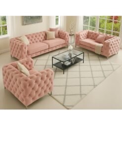 Maharat Al Bahar Maharat Furniture Luxury Chesterfield Sofa Set – 3-Piece Blush Pink Tufted Velvet Living Room Set with Armchair, Loveseat & Sofa – Elegant Modern Design with Metal Legs