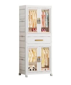 Ollieroo Plastic Modular Storage Cabinet – PP/PET/ABS 2-Wardrobe and 1-Drawer Combo with Hanging Rod and 6 Hangers (Colors Random), Lockable Swivel Wheels, Pre-Installed Handles, and Magnetic Doors for Bedroom, Closet, or Living Room, 54 × 34 × 140 cm