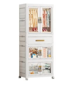 Ollieroo Plastic Modular Storage Cabinet – PP/PET/ABS Wardrobe with 1 Drawer, 2 Foldable Boxes, Hanging Rod and 6 Hangers (Colors Random), Lockable Swivel Wheels, Pre-Installed Handles, and Magnetic Doors for Bedroom, Closet, or Living Room, 54 × 34 × 142 cm