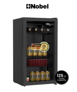 Nobel 125L Gross/ 85L Net Capacity Bottle Chiller Single Glass Door, Mechanical Control, LED Light, Adjustable Temperature, Energy Efficient, R600a Refrigerant 125 L 85 W NBC125RH Black