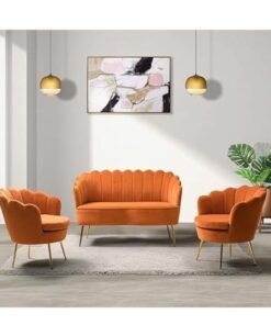 Maharat Al Bahar MAB FURNISHINGS Art 3-Piece Velvet Living Room Furniture Set - Loveseat, 2 Sofa Chairs, Modern Comfy Upholstered 2-Seater Sofa & Accent Chair (orange color)