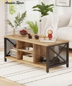 Ammar Space 110*50*45 Living Room Center Table Rectangle Wooden Sofa Table 2 Tier Coffee Table with Open Storage Shelf Industrial Tables