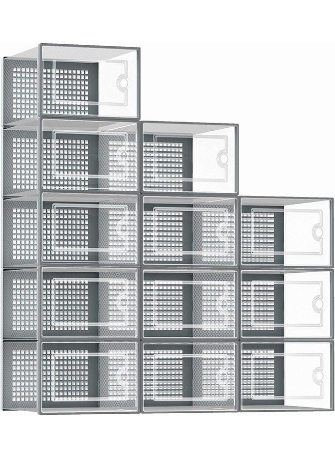 Captaintech Wardrobe Shoe Cabinet 12-Piece Gray Transparent Plastic Stackable Shoe Cabinet with Drawers and Lid Bedside Shoe Cabinet for Hall Wardrobe (Grey)
