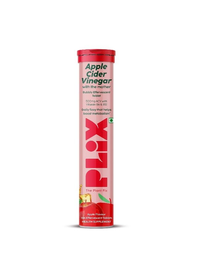 PLIX THE PLANT FIX "PLIX - THE PLANT FIX Apple Cider Vinegar 15 Effervescent Tablet, ACV with the mother supports regular metabolism, vitamin B6 & B12, Pack of 1 (Apple), Plant-based, Easy to carry & consume "