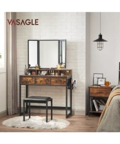 Alternative view of VASAGLE Dressing Table with Mirror and Stool, Vanity Table with Tri-Fold Mirror, 3 Drawers, Hair Dryer Holder, Makeup Desk, Industrial Style, Rustic Brown and Black