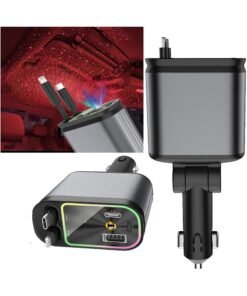 Hoco 120W 4-in-1 Retractable Fast Charging Car Charger with Starry Sky Projector & LED Ambient Light – USB-C & USB-A Ports with Built-in Retractable Cables | Compatible with iPhone 16/15/14/13/12 Series, Samsung Galaxy S24/S23/S22, Google Pixel 9/8/7, OnePlus, Xiaomi, Huawei & More