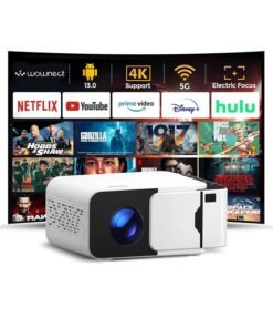 Wownect T5 Mini Smart 4K Projector | 200" Screen, Android 13.0, Electric Focus,180 ANSI (4500 Lumens) Native 1080P FHD Support,  WiFi 6 And Bluetooth 5.4 | for Home And Travel T5 Mini Projector White