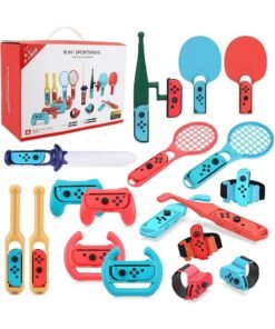 DOBE 18 in 1 Switch Sport Games Accessories Bundle for Nintendo Switch Games, Family Bundle Accessory Kit with Tennis Racket Controller Grips Racing Wheel Bandage Golf Club Wheels Drum Stick Fishing Rod