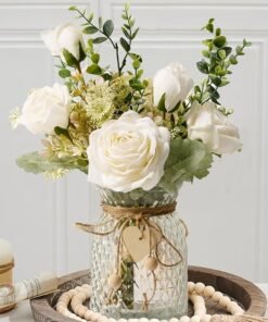 Garlo Fake Flowers with Vase, Silk Roses Artificial Flowers in Vase, Faux Flower Arrangement with Vase Suitable for Home Office Decoration, Dining Table Centerpiece