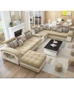 Al Zakharef Furniture Mississippi Luxury U-Shaped Modular Sofa Set (Tan) – Velvet Fabric Sectional Couch with Solid Wood Frame, Storage Armrest & Soft Cushions – Modern Living Room Furniture