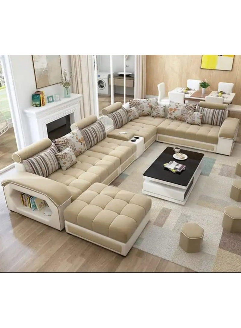 Al Zakharef Furniture Mississippi Luxury U-Shaped Modular Sofa Set (Tan) – Velvet Fabric Sectional Couch with Solid Wood Frame, Storage Armrest & Soft Cushions – Modern Living Room Furniture