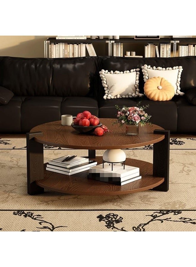 WALALLA Round Oak Wood Coffee Table, 2-Tier Circle Coffee Tables with Storage Rustic Farmhouse Center Circular Coffee Table Modern Contemporary Tea Table for Living Room Bedroom Balcony Office
