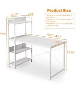 ALIVINGHOME Computer Table with 4 Tier Shelves for Home Office,Study, or Gaming，Modern Simple Style Writing Desk Table，Ergonomic 110 L x 50cm W x 72cm H/120 L x 50cm W x 72cm H, White