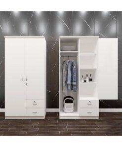 KUSTOMDECO 2 Door Wooden Wardrobe Cabinet | Engineered Wood Bedroom Cupboard with Hanging Space, Shelves & Drawers | Modern White Wardrobe