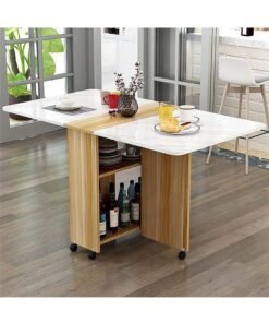 Folding Dining Table Drop Leaf Table with 6 Wheels, Kitchen Table with 2-Layer Storage Shelves, Multifunctional Extension Space Saving Dinner Table for Bedroom Dining Room Home