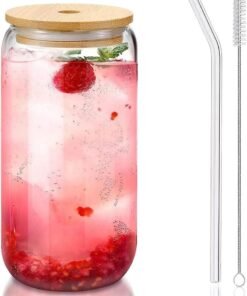 DAMCONME Glass Cup with Bamboo Lid and Straw – 1 Pack 16oz Reusable Iced Coffee Cup with Brush – Clear Drinking Glass for Tea, Juice, Water