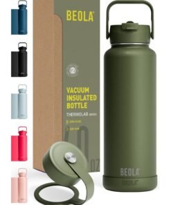 BEOLA 1200ml Vacuum Insulated Water Bottle, Double Wall Stainless Steel Thermos Bottle with wide mouth, 2 lids included, Hot Cold Water Flask, Large Sports Bottle with straw lid, 40oz (Forest Green)