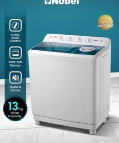 Nobel 13kg Semi-Automatic Twin Tub Top Load Washing Machine – 7.5kg Spin, 4 Control Knobs, Double Layer Cabinet, Blue ABS Lid 13 L 790 W NWM1450 White