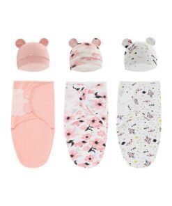MissTiara 3 Pcs Baby Swaddle Wrap for Newborn Sleep Sack 100% Cotton Muslin Adjustable Sleepsack Sleep Bag with Beanie Baby hats