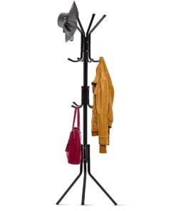 Hook Coat Hanger Clothes Stand Hanging Pole Wrought Iron Rack Standing Shelf Unit for Home, Bedroom Space Saver Storage Organizer for Garments Black