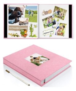 HomarKet Large Photo Album Scrapbook with Window, Linen Self Adhesive Scrapbook Album, Wedding Anniversary Birthday Valentines Day, 28cm x 27cm 40 Blank Pages Memory Book with A Metallic Pen Pink