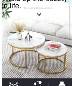 Round Coffee Tables Set of 2, Living Room Nesting Center Tables with White Gold Metal Frame, Modern Side End Tables for Bedroom Balcony Yard