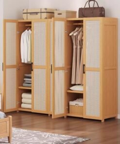 NKX Bedroom Coat Rack Home Wardrobe Light Luxury Simple Light Brown With Doors 160*44*84cm