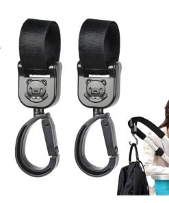 Lee Yon 2-Piece Baby Stroller Hooks, Non-Slip Baby Stroller Hooks with Lovely Bear Pattern, 360-Degree Rotating Stroller Bag Clips for Hanging Diaper Bags, Black