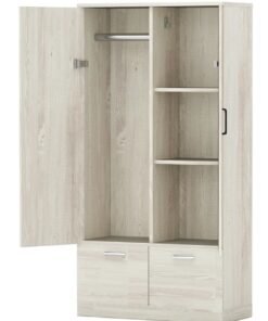 Mahmayi Wooden Wardrobe with 2 Doors, 2 Drawers, Hanging Rod and 2 Compartments, Wooden Closet Storage Cabinet for Bedroom, Living Room - Cascina Pine