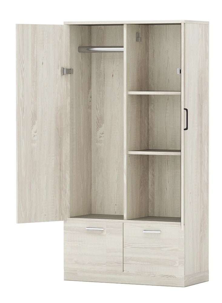Mahmayi Wooden Wardrobe with 2 Doors, 2 Drawers, Hanging Rod and 2 Compartments, Wooden Closet Storage Cabinet for Bedroom, Living Room - Cascina Pine