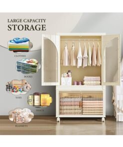 Alternative view of CityRiya-Long Kids Wardrobe Baby Closet Storage Organizer Portable Children Clothes Cabinet Storage Rack Toddler Dresser with Hanging Rod and Wheels for Boys Girls Clothing Nursery Armoire White