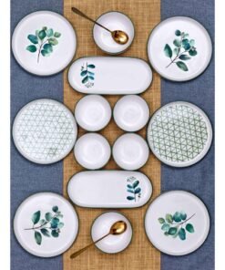 Noon East 14 Piece Porcelain Breakfast Set | Serves 6 | 6 Salad Plates, 2 Oval Plates, 4 Small Bowls, 2 Big Bowls | Dishwasher and Microwave Safe | Green Leaf Pattern Design