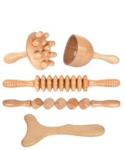 Hihonor 5 in 1 Wood Therapy Massage Tools Professional Maderoterapia Kit Body Sculpting Tools for Lymphatic Drainage and Anti-Cellulite Wood Massager Roller Rpoe for Back and Muscle Pain Relief