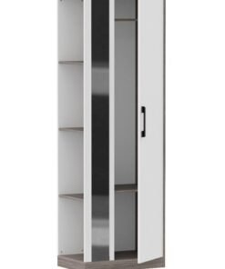 Mahmayi Modern Single Door Wardrobe with 3 Open Side Shelves, Mirror and Hanging Rods Efficient Storage for Home, Bedroom Anthracite Sherman Oak