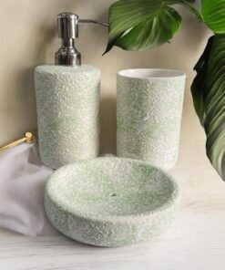 The Transit Story Premium Ceramic Bathroom Accessories Set of 3 | Oval Hand-Painted Luxury Bath Set with 300ml Liquid Soap Dispenser, Toothbrush Holder & Soap Tray | White & Light Green Textured