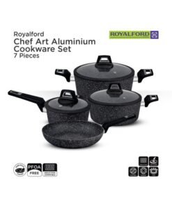 Royalford 7 Pieces Black Chefart Aluminium Cookware Set Granite Coated Induction Bottom 2.5Mm Body Thickness Soft Touch Handles Tempered Glass Lid 54X20X33Cm Multicolor Multicolor 28x12cm
