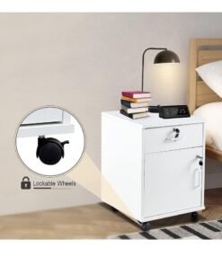 JOMILA Movable Filing Cabinet with 1 Drawer and 1 Door Lockable Office Cabinet with Wheels in White Industrial Wood - Image 3