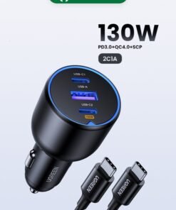 Ugreen 130W Super Fast Car Charger Fast Charging 3 Port USB Car Power Adapter With 100W USB C Cable Car Fast Charger Plug For Steam Deck Macbook Laptops Tablets iPhone 16 15 Series Samsung Galaxy Xiaomi